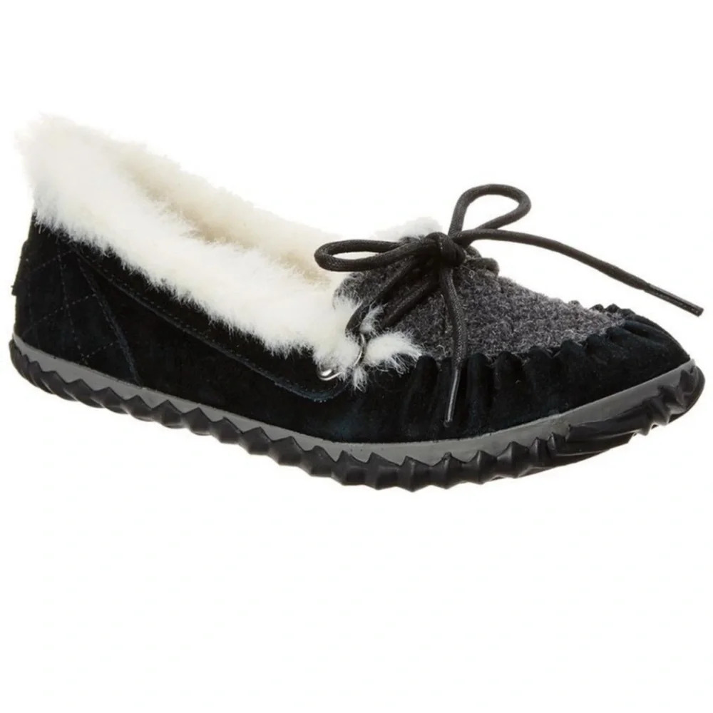 Sorel Out N About Slippers Black Suede Bow Moccasins Faux Fur Quilted 5